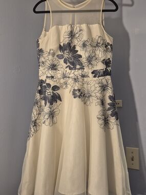 Gabby Skye Floral Fit & Flare Dress Illusion Neck Cream Navy Size 6
